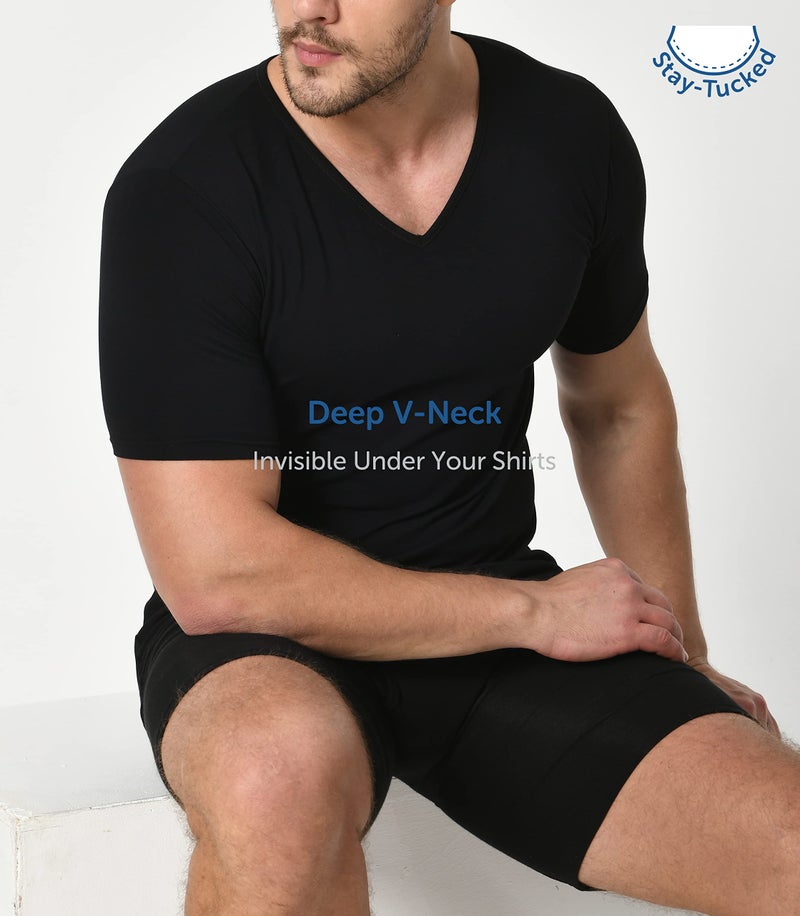 Comfneat Men's 3-Pack Undershirts Stretchy Cotton Spandex V-Neck T-Shirts (Black V-Neck 3-Pack, L) - Image 2